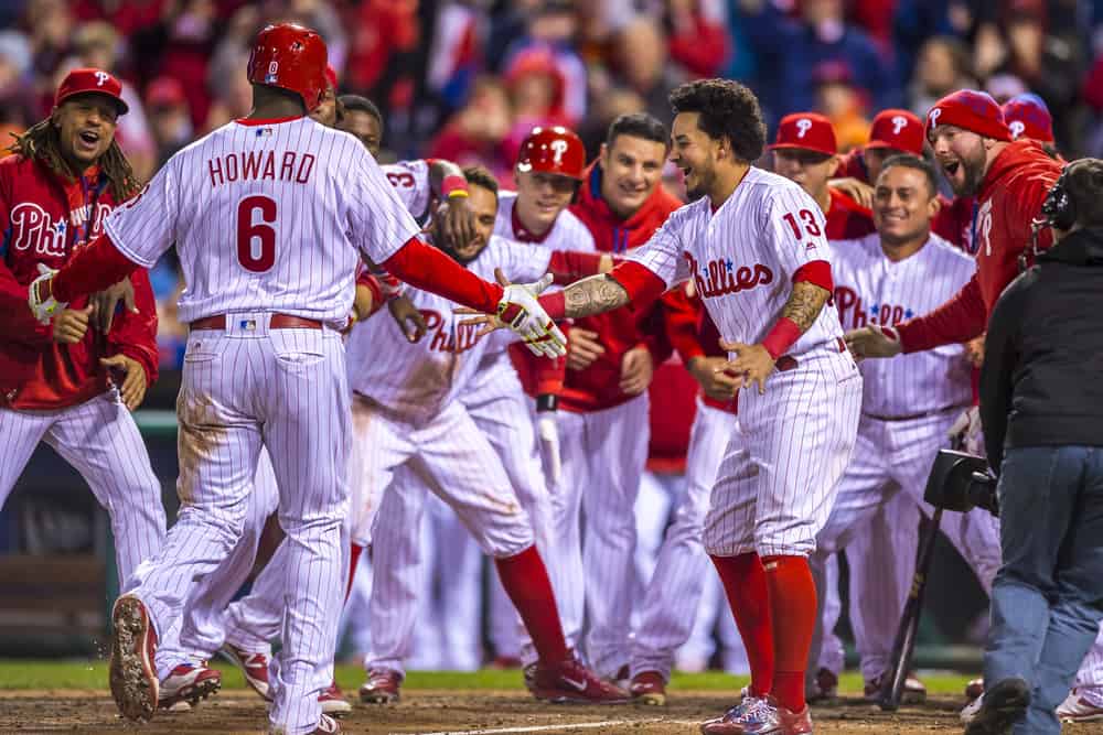 29 April 2016: Philadelphia Phillies first baseman Ryan Howard (6) comes home to congratulations and cheers after his walk off homerun in the bottom of the 11th inning during the MLB game between the Philadelphia Phillies and the Cleveland Indians played at Citizens Bank Park in Philadelphia, PA. (Photo by Gavin Baker/Icon Sportswire)